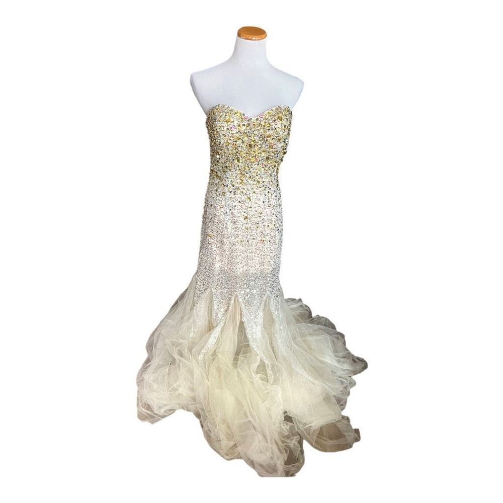Womens Fabuluxe Couture Champagne & Gold Strapless Hand Beaded Fit Dress Gown XL